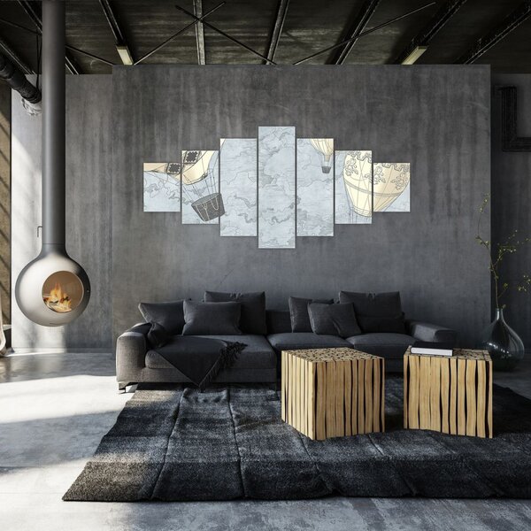 Obraz - Balóny nad městem, chladné tóny (210x100 cm)