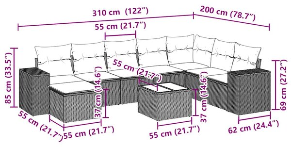9dílná zahradní sedací souprava a podušky světle šedá polyratan