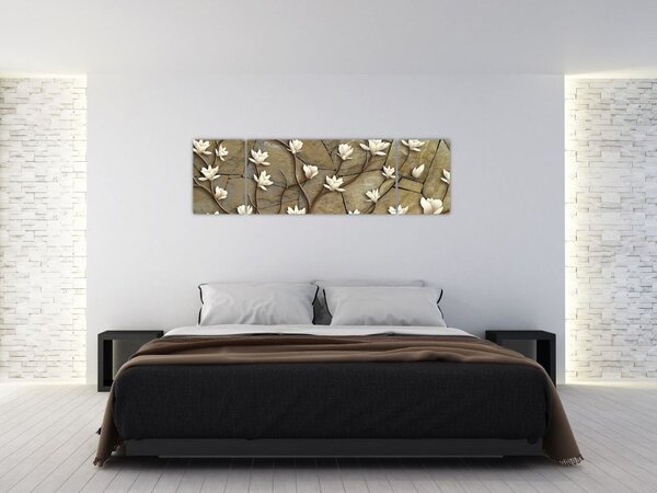 Obraz - Bílé magnólie na kamenném zdivu (170x50 cm)