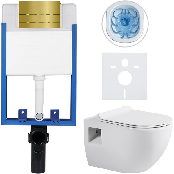 Kompletní WC set Profi/Dure - bílá lesklá - WC tlačítko Line/Zlatá - pro zazdění - 51x35 cm