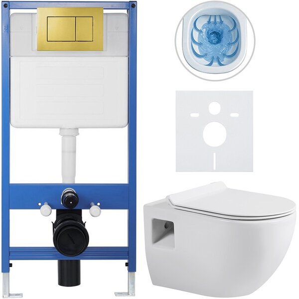Kompletní podomítkový WC set Lite/Dure - bílá lesklá - WC tlačítko Classic, zlatá - předstěnová instalace/sádrokarton - 51x35 cm