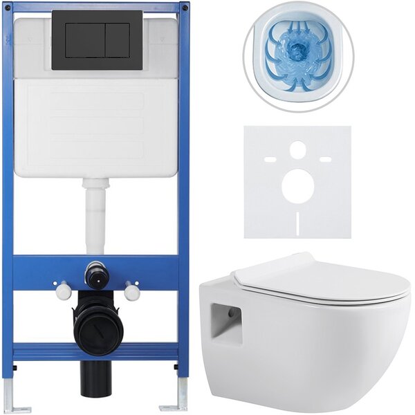 Kompletní podomítkový WC set Lite/Dure - bílá lesklá - WC tlačítko Classic, černé matné - předstěnová instalace/sádrokarton - 51x35 cm