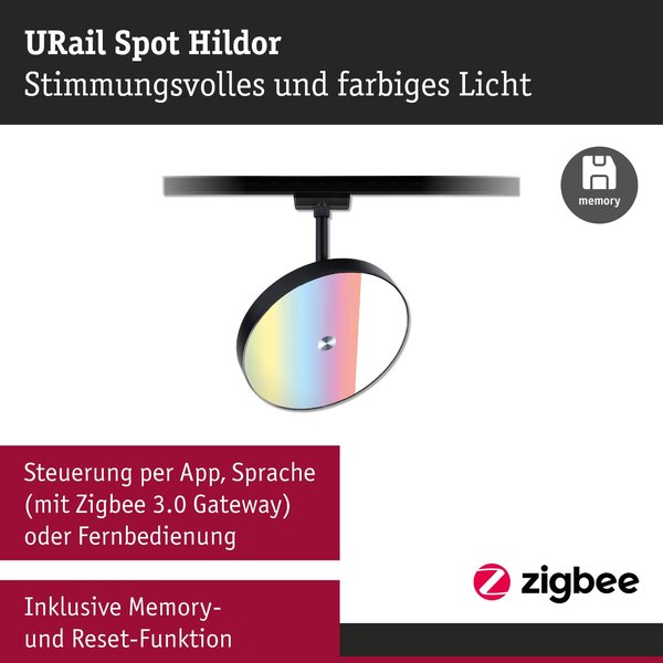 P 95690 URail lištový spot Smart Home Zigbee 3.0 Hildor RGBW 7,5W RGBW+ stmívatelné 230V černá mat - PAULMANN