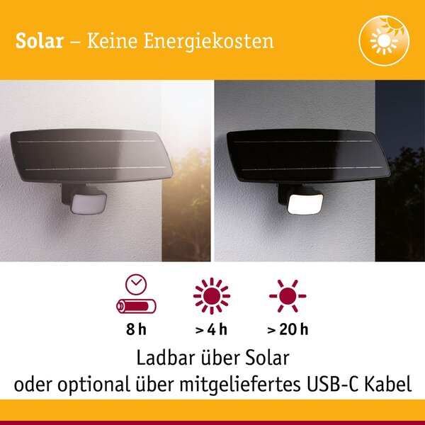 P 95705 Solární reflektor Flotas se soumrakovým a pohybovým čidlem (HF) IP65 3000K antracit - PAULMANN