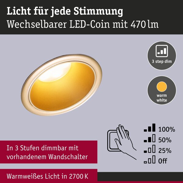 P 98200 LED vestavné svítidlo 3-krokové-stmívatelné Cole Coin IP44 kruhové 88mm Coin 6W 230V stmívatelné 2700K zlatá mat - PAULMANN
