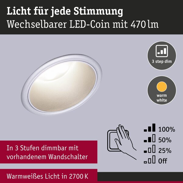 P 98203 LED vestavné svítidlo 3-krokové-stmívatelné Cole Coin 6ks sada IP44 kruhové 88mm Coin 6x6W 230V stmívatelné 2700K stříbrná mat - PAULMANN