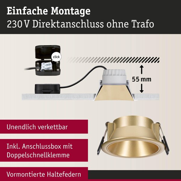 P 98200 LED vestavné svítidlo 3-krokové-stmívatelné Cole Coin IP44 kruhové 88mm Coin 6W 230V stmívatelné 2700K zlatá mat - PAULMANN