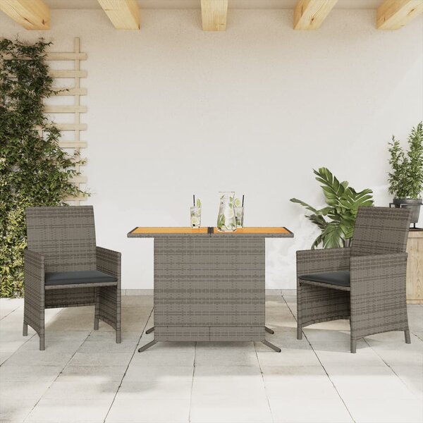 3dílný bistro set s poduškami šedý polyratan