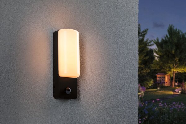 P 94853 LED venkovní nástěnné svítidlo Bonnie pohybové čidlo neláká hmyz a IP44 93x77mm 2200 - 3000K 8,5W 230V antracit hliník - PAULMANN