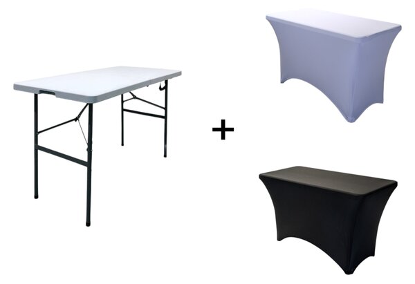 TENTino Skládací stůl 122x60 cm PŮLENÝ, bílý, STL122P Barva ubrusu: ČERNÁ / BLACK