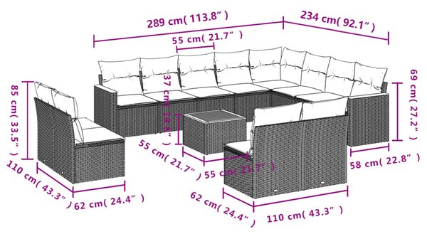 13dílná zahradní sedací souprava s poduškami šedá polyratan 3258882