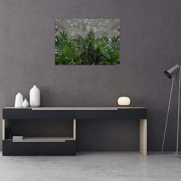 Obraz - Betonová zeď s rostlinami (70x50 cm)