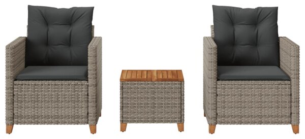 3dílný bistro set s poduškami šedý polyratan akáciové dřevo