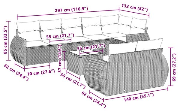 9dílná zahradní sedací souprava a podušky světle šedá polyratan