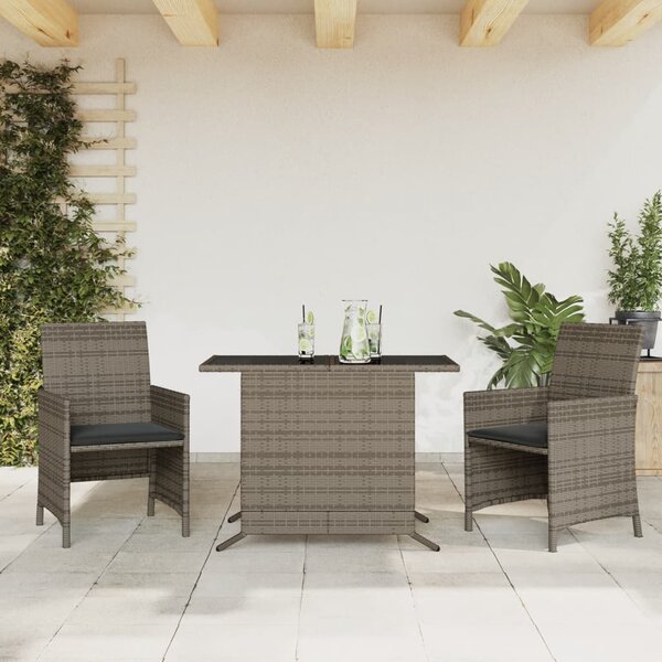 3dílný bistro set s poduškami šedý polyratan