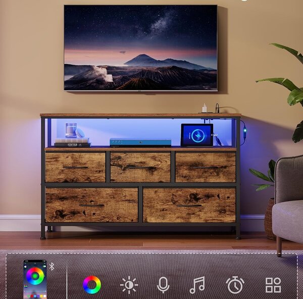 SONGMICS Komoda s LED osvětlením a nabíjecí stanicí Vasagle Mory 98,7 cm hnědá/černá