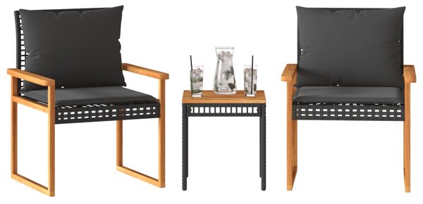 3dílný bistro set s poduškami černý polyratan akáciové dřevo