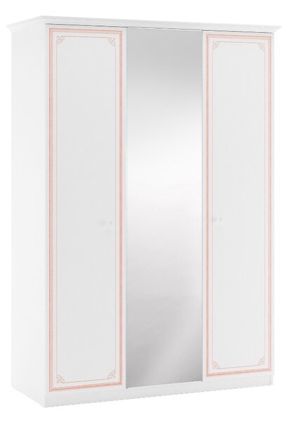 Třídveřová šatní skříň se zrcadlem Betty - bílá/růžová