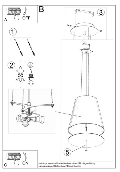 Závěsné svítidlo Geneve, 1x černé textilní stínítko, (bílé sklo), (fi 50 cm)