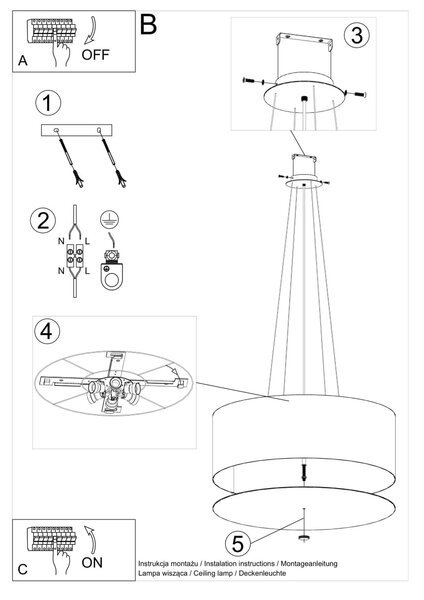 Závěsné svítidlo Otto, 1x černé textilní stínítko, (bílé sklo), (fi 70 cm)