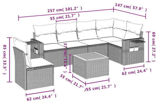 7dílná zahradní sedací souprava s poduškami černá polyratan 3256916