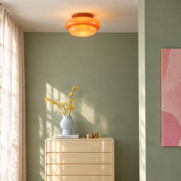 Lucande Stropní světlo Leilani, Ø 35 cm, oranžové, E27, sklo, stmívatelný, Žlutá / oranžová, Obývací pokoj / jídelna, Sklo, Design