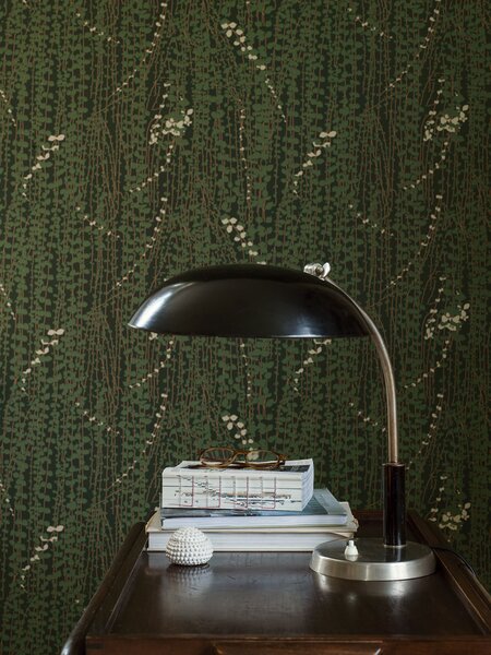 Vliesová tapeta na zeď, zelená, okrová, vinoucí se réva, 1983, Scandinavian Designers, Scandinavian Designers III, Borastapeter