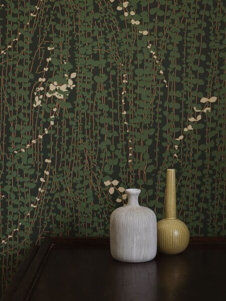 Vliesová tapeta na zeď, zelená, okrová, vinoucí se réva, 1983, Scandinavian Designers, Scandinavian Designers III, Borastapeter