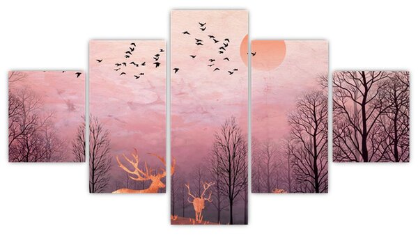 Obraz - Jeleni v záři zapadajícího slunce (125x70 cm)