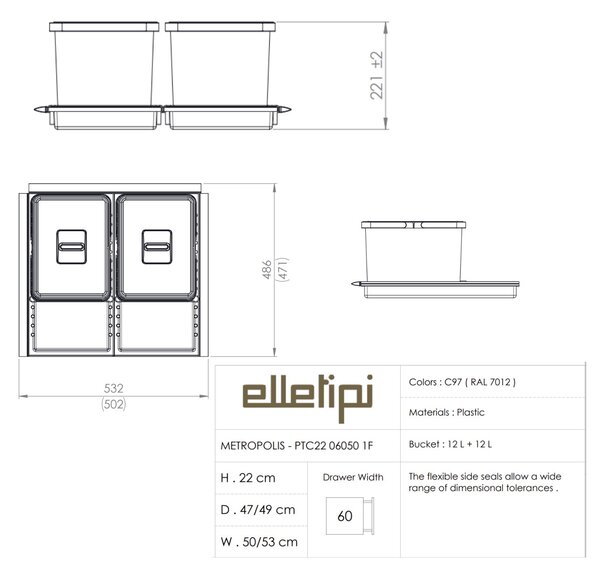 Vestavný odpadkový koš Elletipi METROPOLIS/ do zásuvky/ 12+12 L/ PTC22 06050 1F