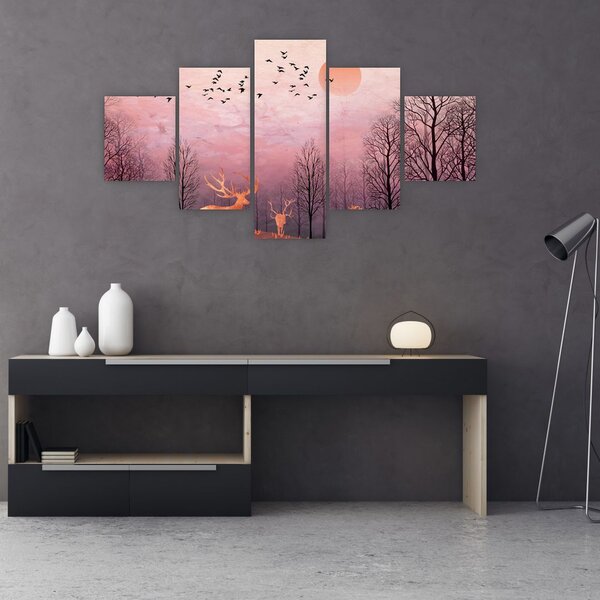 Obraz - Jeleni v záři zapadajícího slunce (125x70 cm)