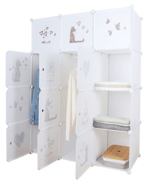 Dětská modulární skříň, bílá / hnědý dětský vzor, KITARO