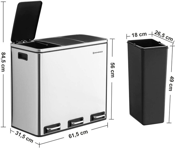 SONGMICS Odpadkový koš na tříděný odpad 3 x 18 L stříbrný