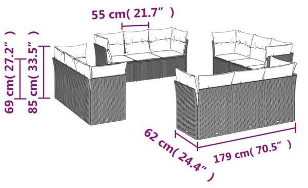 12dílná zahradní sedací souprava s poduškami šedá polyratan 3217330