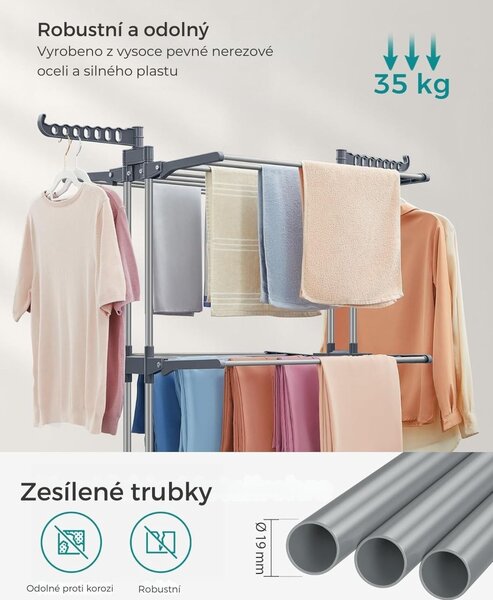 Sušák na prádlo ELTON se 4 úrovněmi na kolečkách, 63,5x128x173cm,šedá SongmicsHome