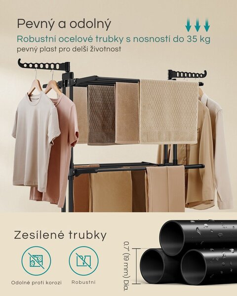 Sušák na prádlo ELTON se 4 úrovněmi na kolečkách, 63,5x128x173cm, černá SongmicsHome