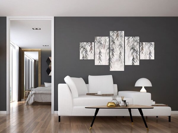Obraz - Vrbové větvičky v šedé omítce (125x70 cm)