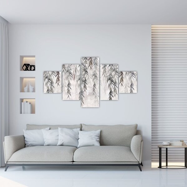 Obraz - Vrbové větvičky v šedé omítce (125x70 cm)