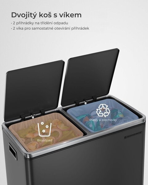 Koš na separování odpadu SORT, 2x30l+pytle na odpadky, černá/stříbrná SongmicsHome
