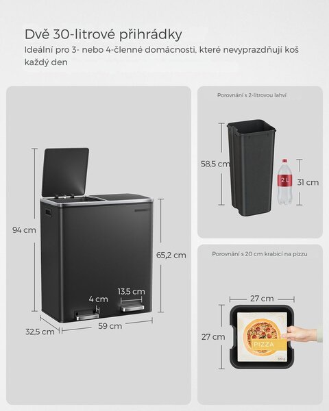 Koš na separování odpadu SORT, 2x30l+pytle na odpadky, černá/stříbrná SongmicsHome