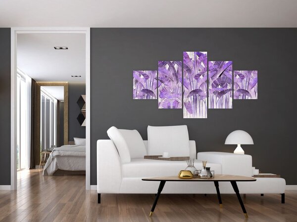 Obraz - Fialové listy v omítce (125x70 cm)