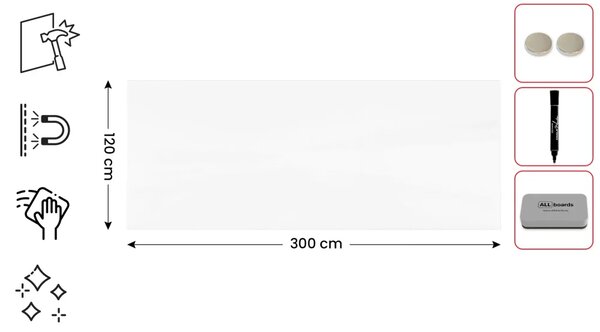 Sklenená magnetická tabuľa 300×120 cm PREMIUM SUPERWHITE , TSO300X120