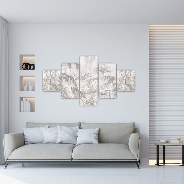 Obraz - Tropické rostliny na zdi v šedé (125x70 cm)