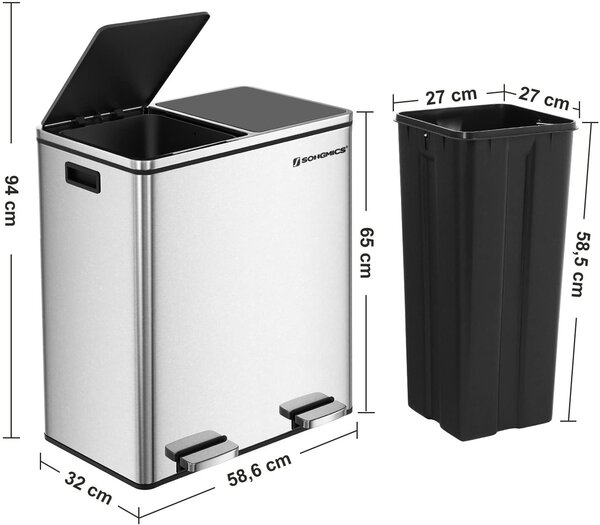 SONGMICS Odpadkový koš na tříděný odpad 2 x 30 L stříbrný