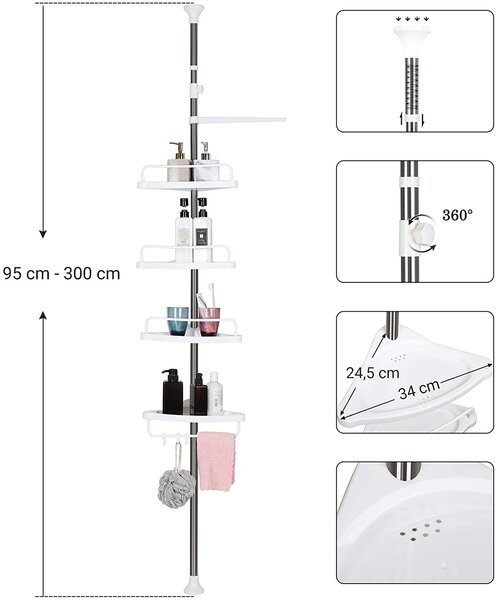 SONGMICS Teleskopická rohová police do koupelny 95-305 cm bílá