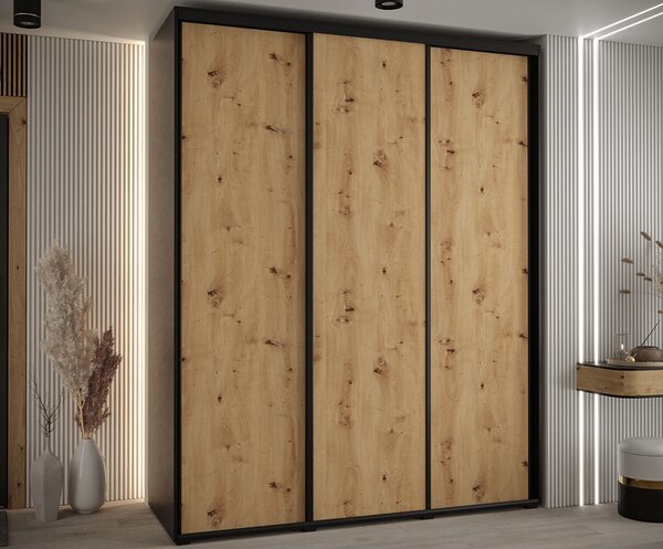 Šatní skříň s posuvnými dveřmi DAVOS 190cm | Černá / DUB Artisan / černé pojezdy