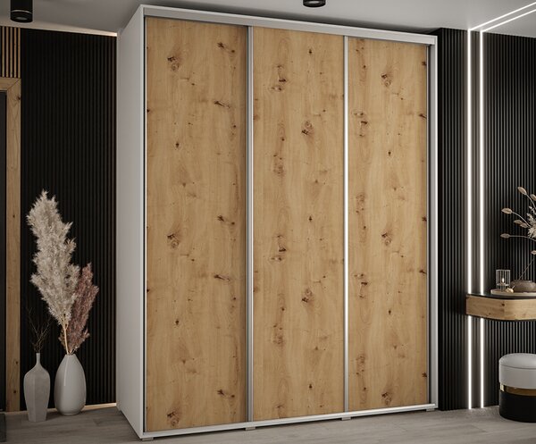 Šatní skříň s posuvnými dveřmi DAVOS 190cm | Bílá / DUB Artisan / stříbrné