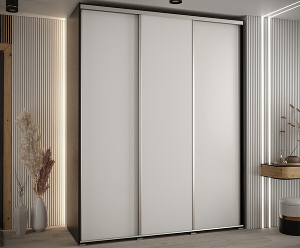Šatní skříň s posuvnými dveřmi DAVOS 190cm | Černá / bílá / stříbrné pojezdy