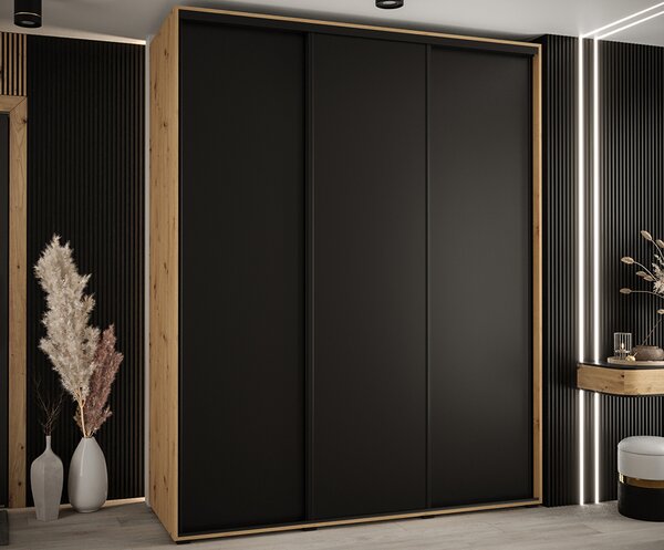 Šatní skříň s posuvnými dveřmi DAVOS 190cm | DUB Artisan / černá / černé pojezdy