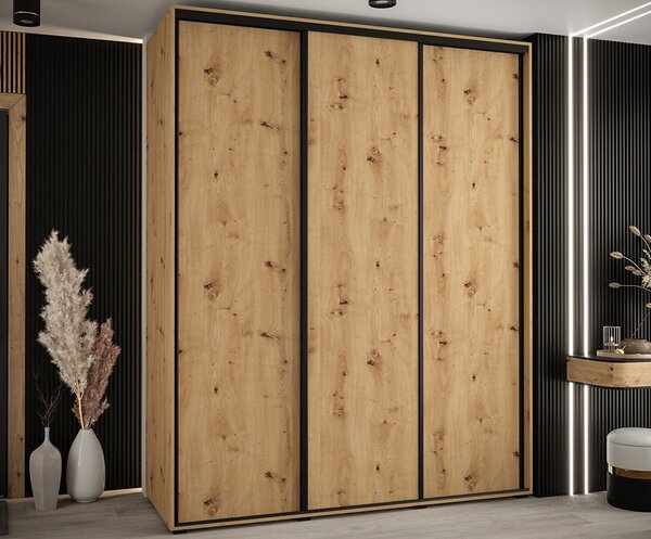 Šatní skříň s posuvnými dveřmi DAVOS 200cm | DUB Artisan / černé pojezdy